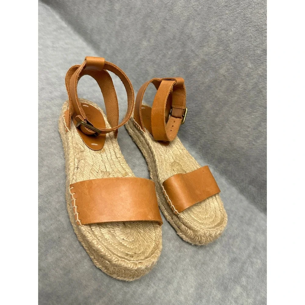 Soludos Espadrille Sandals‎ Tan Leather Ankle Strap Platform Jute Womens 5